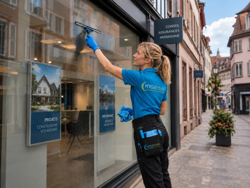 Agente HYGIETHIK nettoyant une vitrine professionnelle à Saverne