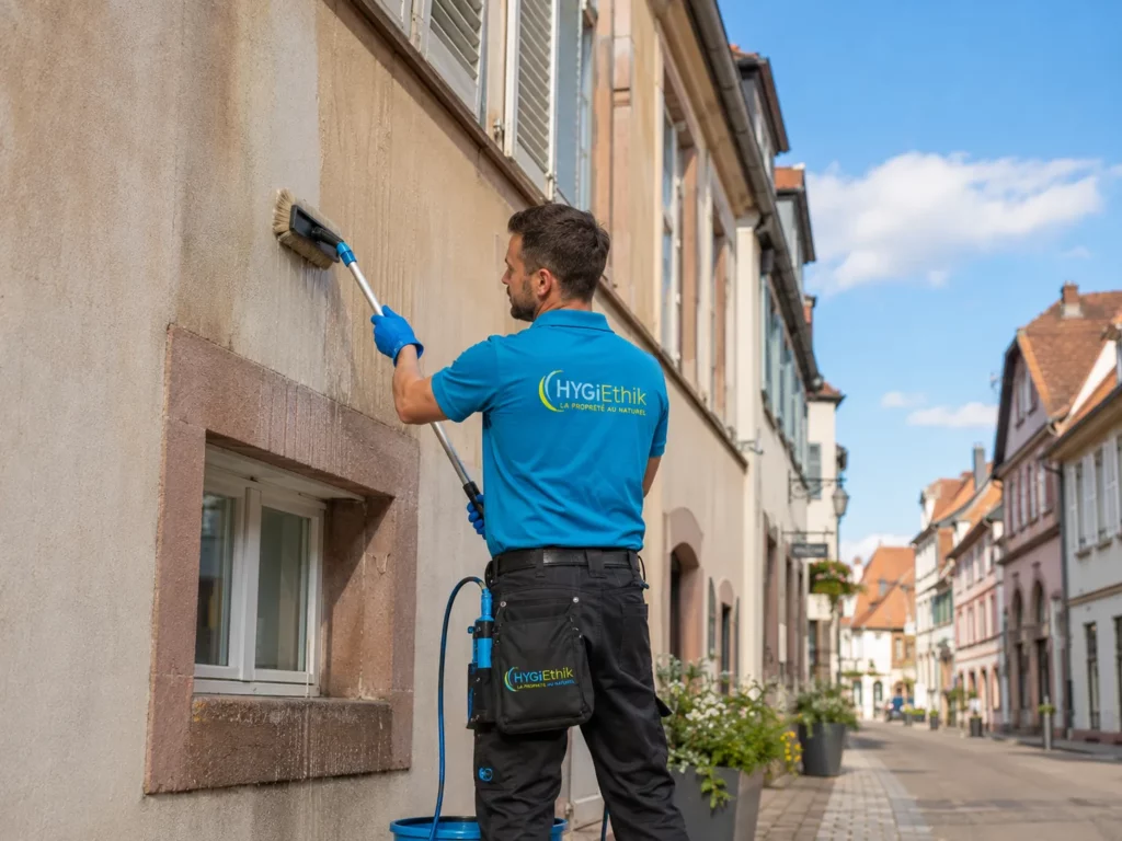 Agent HYGIETHIK nettoyant une façade à Saverne