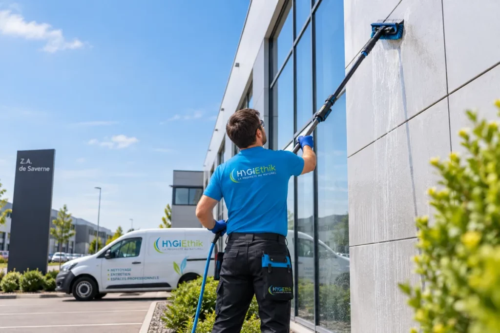 Agent HYGIETHIK nettoyant une façade professionnelle à Saverne