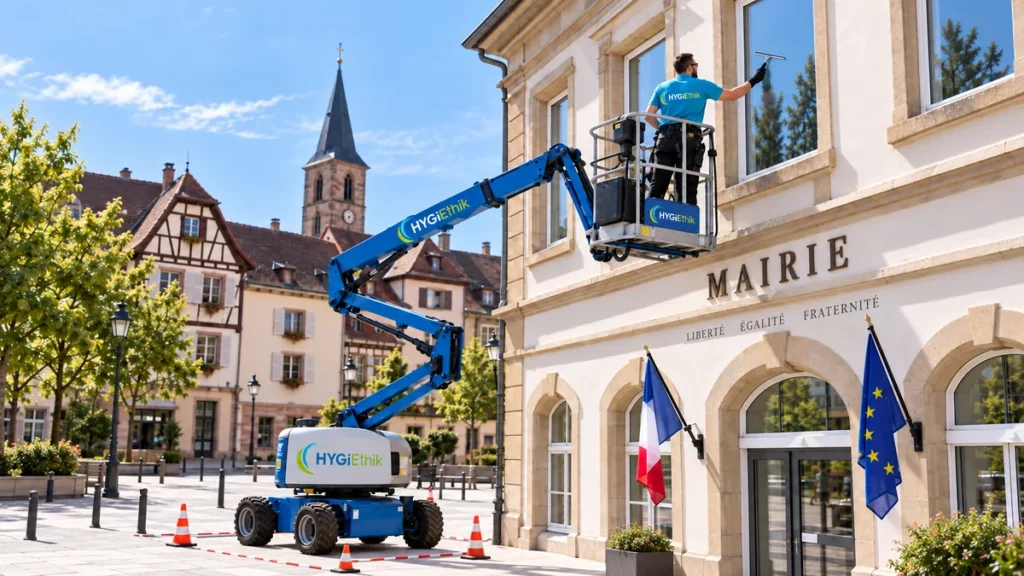 Nettoyage de vitrages en hauteur sur une mairie à Saverne par HYGIEThik