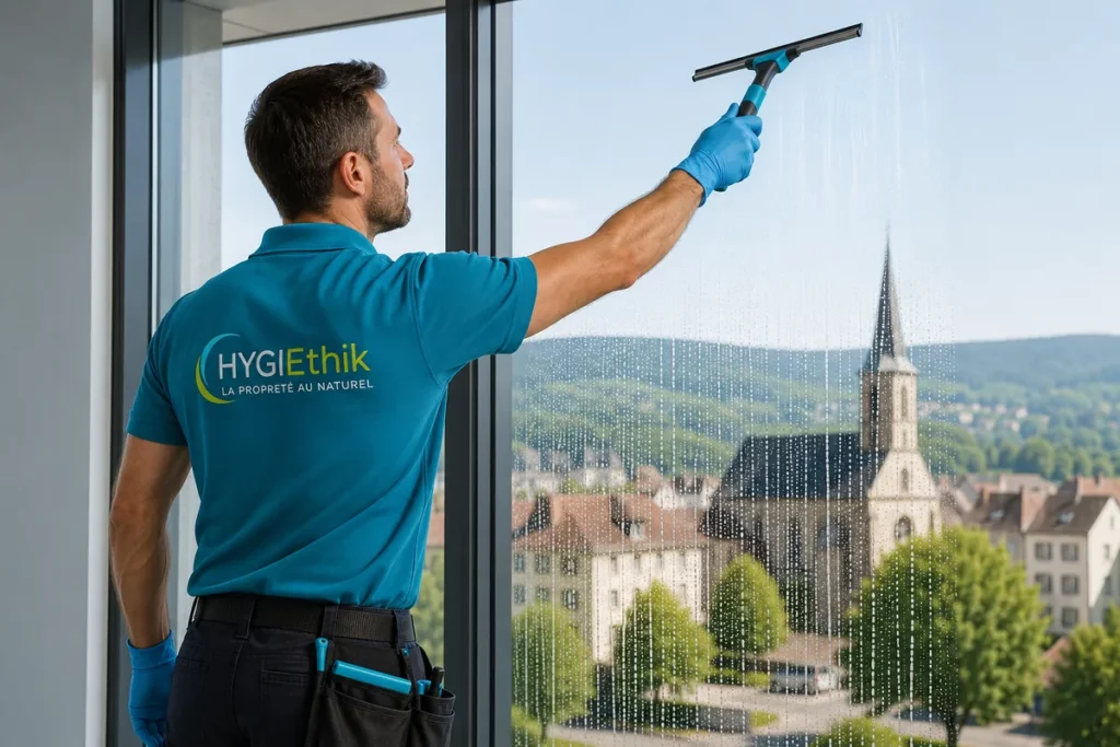 Agent HYGIETHIK nettoyant une baie vitrée à Saverne